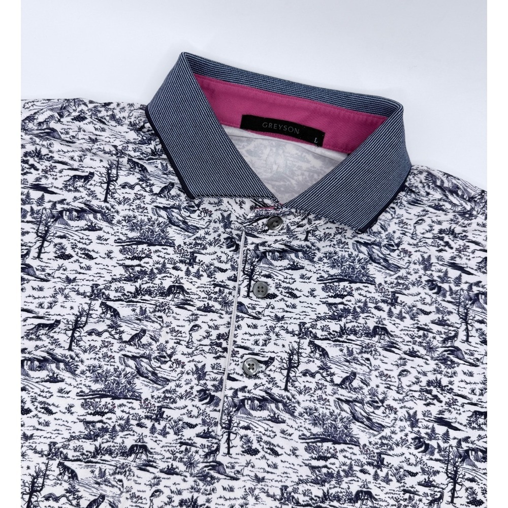 Greyson Golf Polo Mens L Wildlife Toile Print Stretch Shirt White Navy Peru